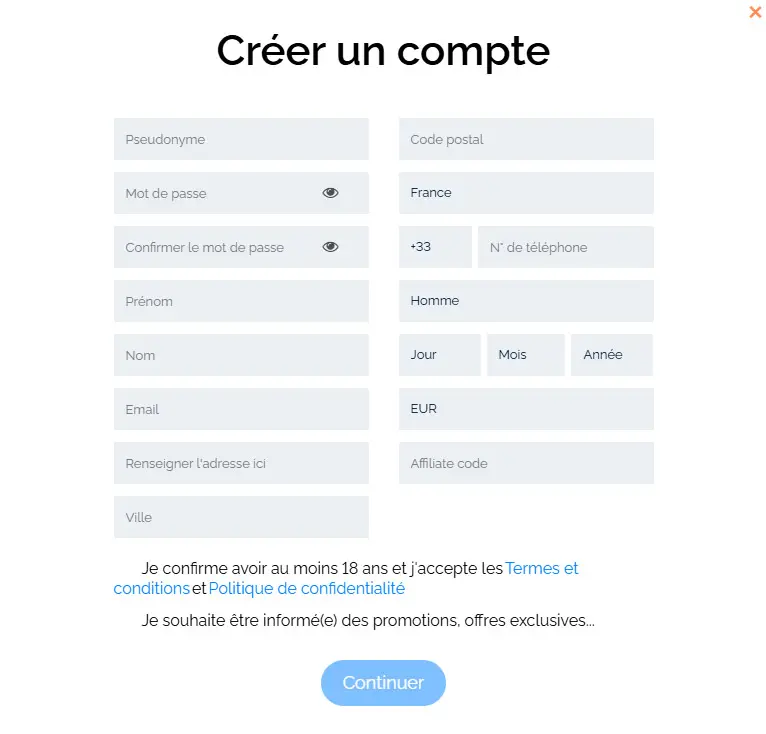 Processus d'inscription WILD FORTUNE CASINO